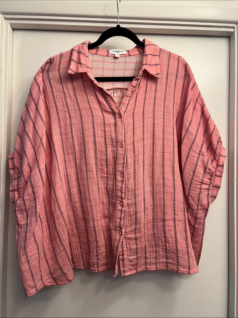 Anniewear Los Angeles Coral Pink Striped Button-Down Gauze Shirt Size Large